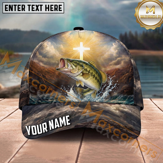 Maxcorners Fishing Faith Cross Mountain Lake Personalized Name 3D Cap (12 Fish Species)