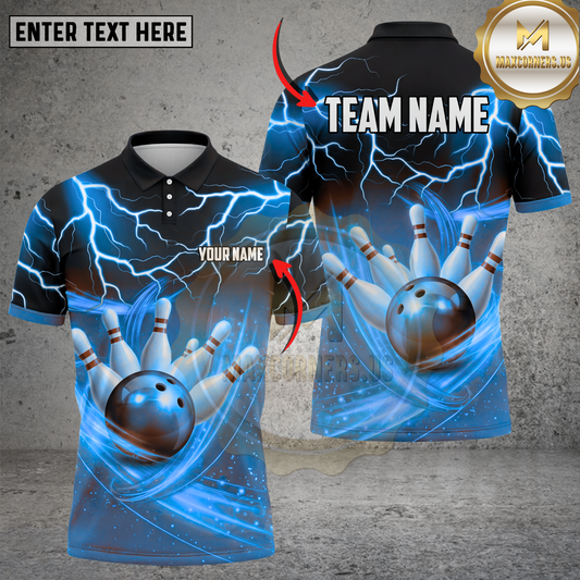 Maxcorners Bowling Polo Shirt Golden Lightning Bowling Ball Multicolor Options Personalized Name, Team Name 3D Shirt (4 Colors)