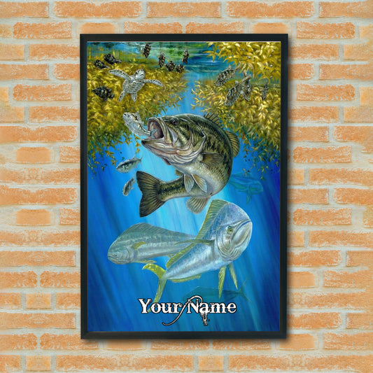 Maxcorners Bass Fishing Underwater School Scene Personalized Name 3D Poster