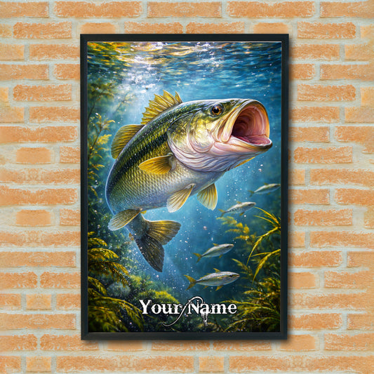Maxcorners Bass Fishing Freshwater Underwater Illustration Personalized Name 3D Poster