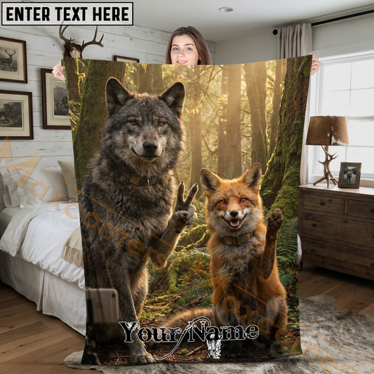 Maxcorners Wolf and Fox Waving Selfie in Woods Personalized 3D Blanket