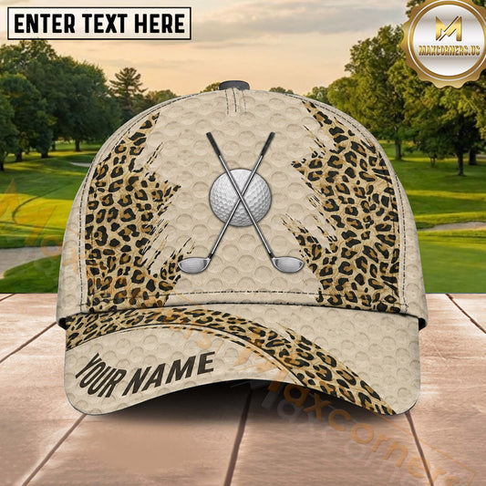 Maxcorners Golf Leopard Print Crossed Clubs Personalized Name 3D Classic Cap