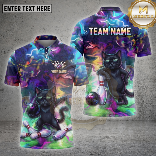 Maxcorners Cat Bowling Shirt Psychedelic Black Cat Multiple Options Personalized Name, Team Name 3D Shirt