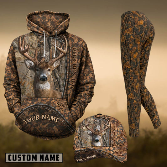 Maxcorners Hunting Whitetail Deer Brown Forest Camo Personalized 3D Combo Hoodie, Legging Set & Cap