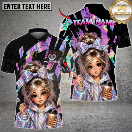 Maxcorners Darts Holographic Hoodie Girl Coffee Lover Style Multicolor Customized Name, Team Name 3D Shirt