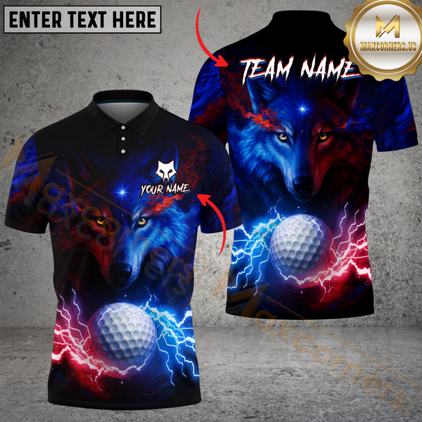 Maxcorners Water Wolf & Fire Wolf Pattern Golf Shirt – Lightning 3D Design Multicolor Customized Name, Team Name 3D Shirts