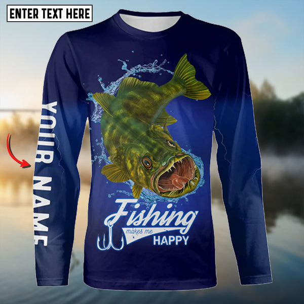 Maxcorners Fishing Makes Me Happy Walleye Customize Name 3D Shirt