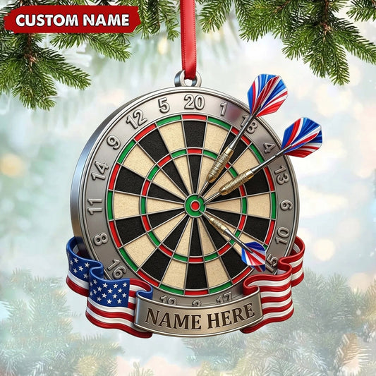 Maxcorners Darts Lover Metallic Gear Edge, Target Board, American Flag Banner Personalized Name Ornament 2D Flat