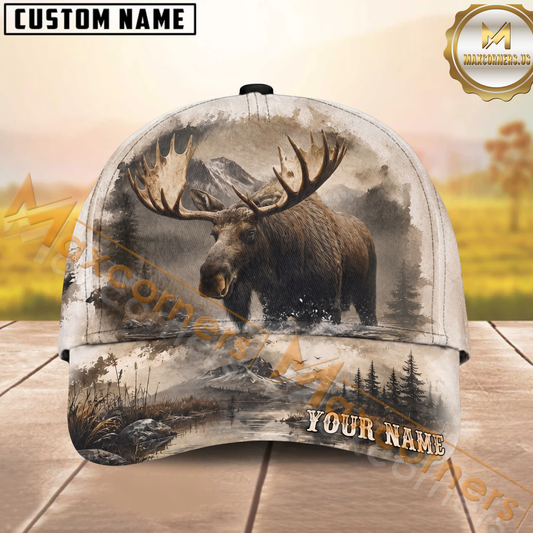Maxcorners Hunting Wilderness Moose Landscape Multi Options Personalized Name 3D Cap