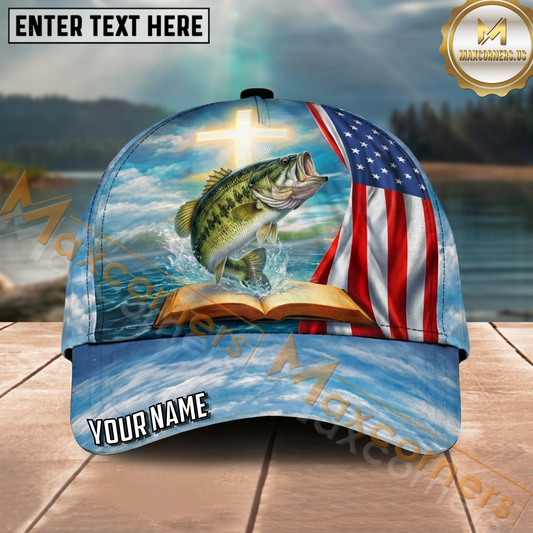 Maxcorners Fishing Faith American Flag Personalized Name 3D Cap (12 Fish Species)