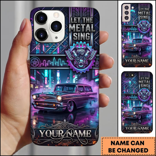 Maxcorners Classic Muscle Car Purple Vintage Car with Neon City Lights and Retro Garage Design Personalized Name 3D Phone Case