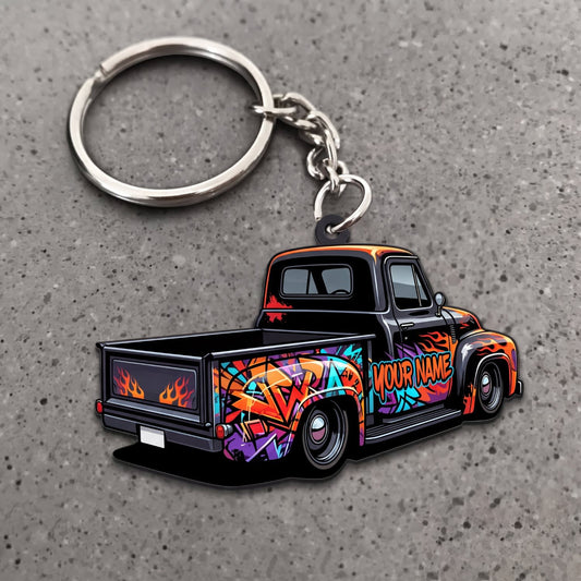 Maxcorners Hot Rod Black Vintage Pickup Truck with Colorful Flame Graphics Personalized Name 3D Keychain And Ornament