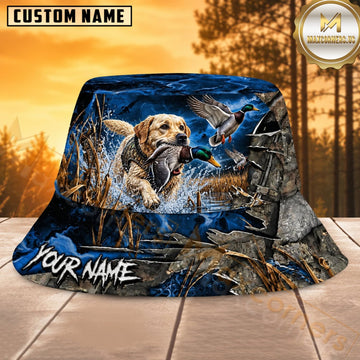 Maxcorners Hunting Dog Blue Mountain Forest Personalized Name 3D Bucket Hat