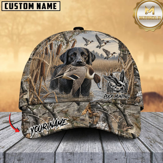 Maxcorners Dog Hunting And Duck Realistic Marsh Camo Hunting Scene Multiple Options Personalized Name 3D Cap