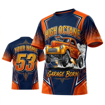 Maxcorners Personalized Car Classic Muscle Car 3D T-Shirt – High Octane Navy Orange Garage Born