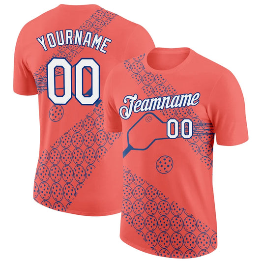 Maxcorners Pickleball Paddle Ball Coral Pink Blue Geometric Diagonal Split Personalized Name 3D Unisex Shirt