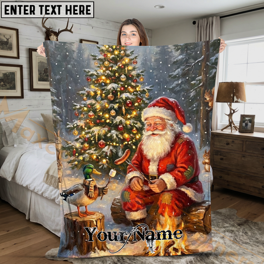 Maxcorners Cute Santa Claus and Mallard Duck Roasting Marshmallows Personalized 3D Blanket
