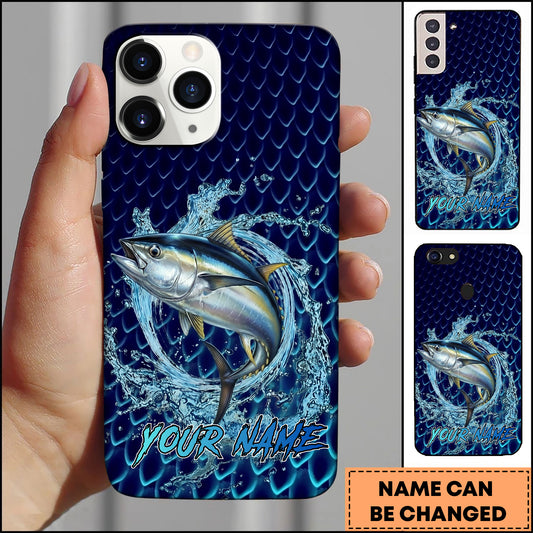 Maxcorners Tuna Fishing Phone Case Water Ring Splash Dark Blue Scale Background Personalized Name Phone Case