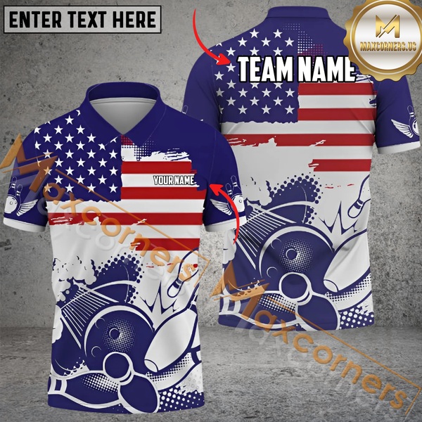 Maxcorners Us Flag Patriotic Bowling Jersey Customized Name, Team Name 3D Polo Shirt