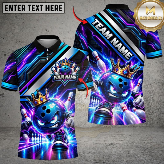 Maxcorners Bowling Angry Ball Mascot Crown Neon Cyber Stripe Pins Artwork Multicolor Customized Name, Team Name 3D Shirts
