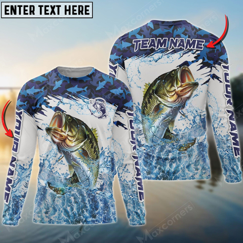 Maxcorners Bass Fishing Blue Clear Camo Sport Personalized Name, Team Name 3D Long Sleeve Shirt