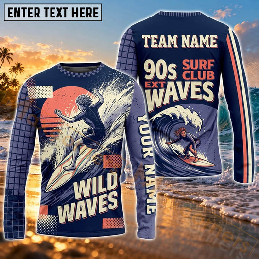 Maxcorners Surfing Ocean Wave Graphic & Wild Waves Adventure Art Customized Name, Team Name 3D Long Sleeve Shirt
