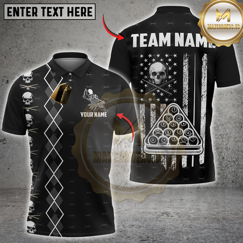 Maxcorners Billiards Skull and Black Flag with Triangle Rack Personalized Name 3D Unisex Shirt