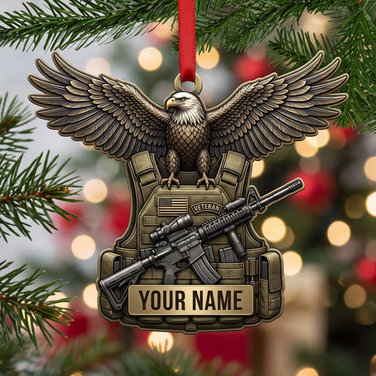 Maxcorners Veteran Eagle Wings Rifle And Military Vest Personalized Name 3D Keychain And Ornament