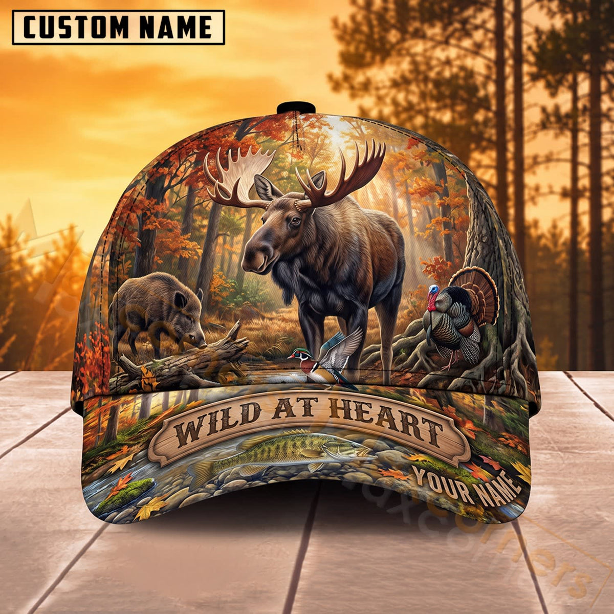 Maxcorners Bear Hunting Forest Landscape Wild At Heart Personalized Name 3D Cap