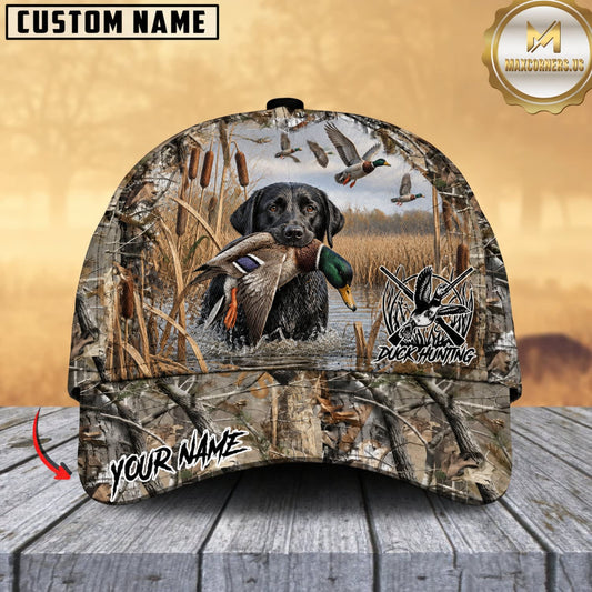 Maxcorners Dog Hunting And Duck Realistic Marsh Camo Hunting Scene Multiple Options Personalized Name 3D Cap