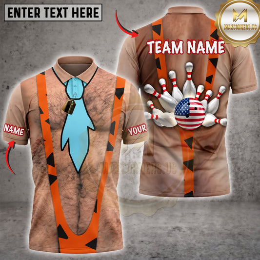 Maxcorners Bowling Caveman Costume American Flag Bowling Pins Personalized Name 3D Unisex Shirt