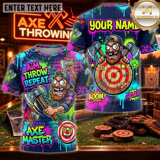 Maxcorners Axe Throwing Funny Cartoon Bullseye Personalized Name 3D Unisex Shirt