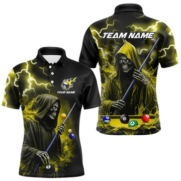 Maxcorners Yellow Grim Reaper Billiard Shirts For Men Custom Thunder Lightning Team League Billiard Jerseys LM105