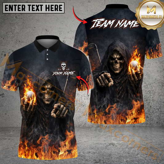Maxcorners Flaming Skull Reaper Golf Polo Shirt Customized Name, Team Name 3D Shirts (4 Colors)