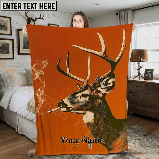 Maxcorners Vintage Whitetail Deer Smoking Cigarette Orange Background Personalized 3D Blanket