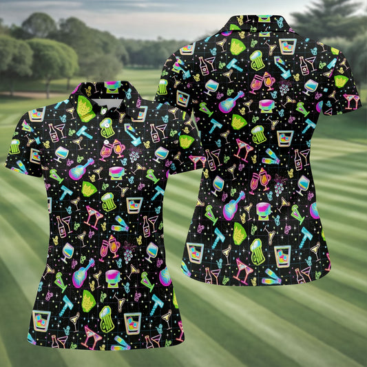 Maxcorners Neon Cocktail Party Pattern Golf Shirt, Women's Golf Shirt, Hawaiian Golf Shirt LM1507
