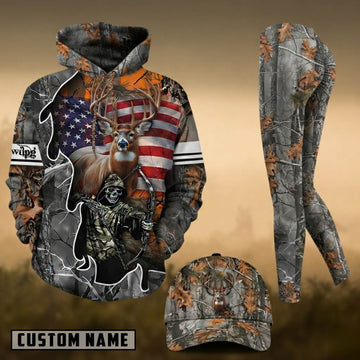 Maxcorners Hunting American Flag Whitetail Deer Bow Hunter Camo 3D Combo Hoodie, Legging Set & Cap