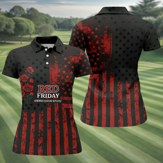Maxcorners Red Friday American Flag Poppy Polo Shirt, Women’s Golf Apparel, Printed Golf Shirt LM1507