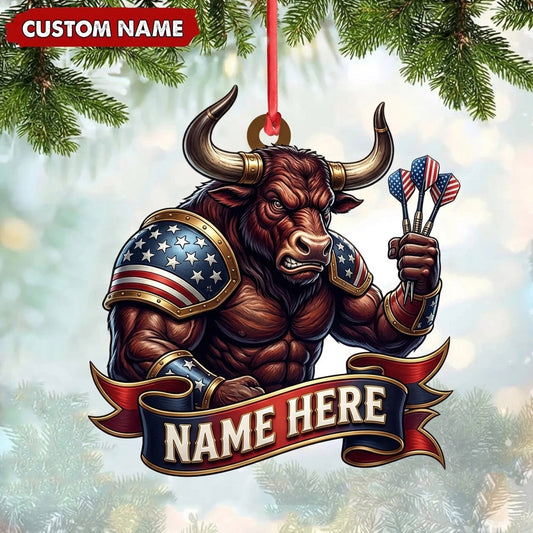 Maxcorners Darts Lover Muscular Bull Mascot, American Flag Detail, Holding Darts Personalized Name Ornament 2D Flat