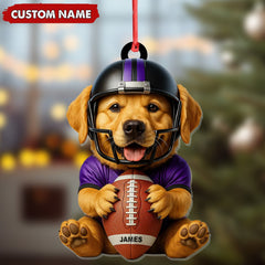 Maxcorners Personalized Football Puppy Christmas Ornament And Keychain, Custom Name Dog in Helmet Holding Ball, Cute Pet Lover Tree Decoration
