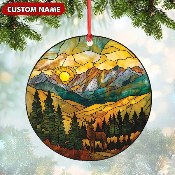 Maxcorners Personalized Deer Stained Glass Acrylic Ornament - Mountain Sunrise Christmas Tree Decoration Gift LM0411