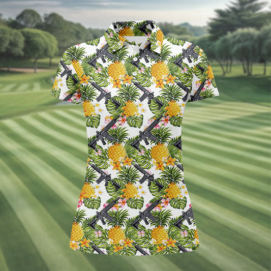 Maxcorners Tropical Pineapple Rifle Hawaiian Golf Shirt Pattern, Hawaiian Golf Shirt, Women’s Golf Apparel LM1507