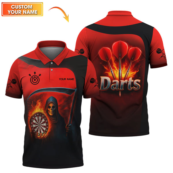 Maxcorners Grim Reaper Darts Jersey, Custom Name Flaming Dartboard Shirt, Halloween Dart Team Shirts for Players LM0509