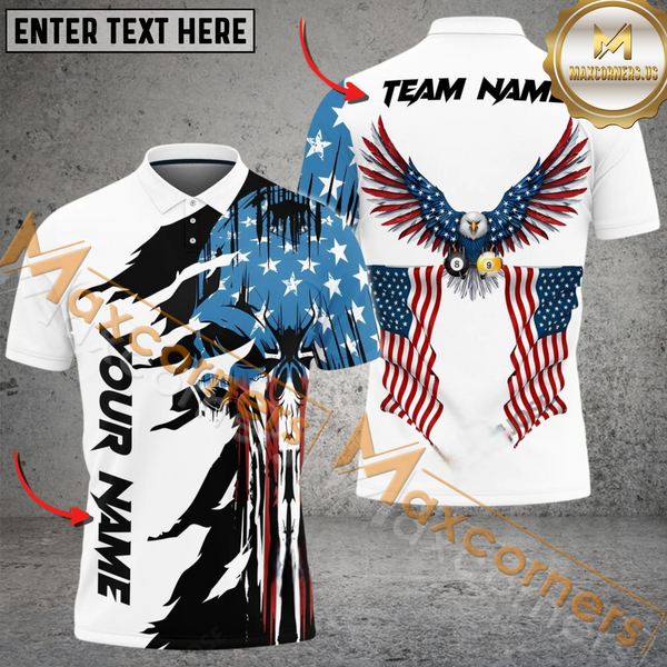 Maxcorners Ball 8 And 9 Eagle Flag Skull Billiard Jersey Mutiloption Personalized Name, Team Name 3D Polo Shirt