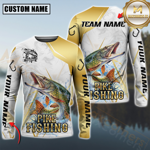 Maxcorners Pike Fishing Lightweight Performance Shirt For Anglers Personalized Name, Team Name 3D Long Sleeve Shirt