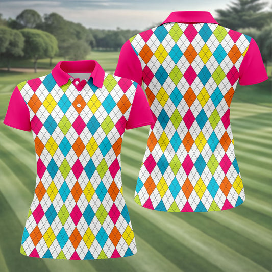 Maxcorners Pink Sleeve Colorful Argyle Plaid Golf Shirt, Golf Polo For Women, Printed Golf Shirt LM1507