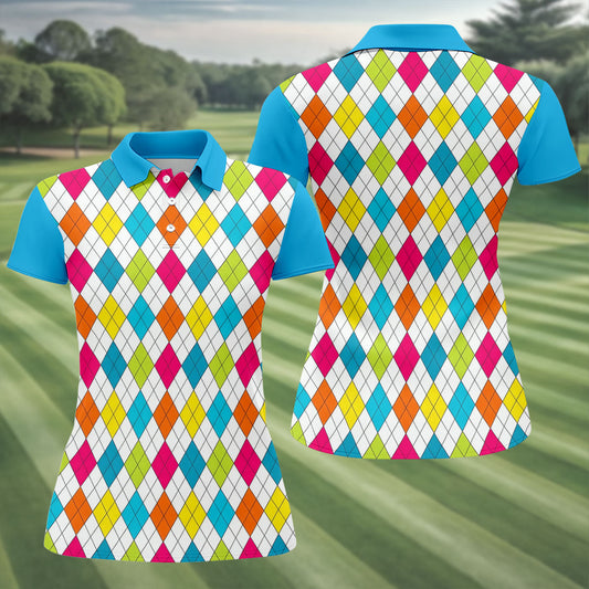 Maxcorners Retro Argyle Diamond Checkered Golf Shirt, Golf Polo For Women, Printed Golf Shirt LM1507