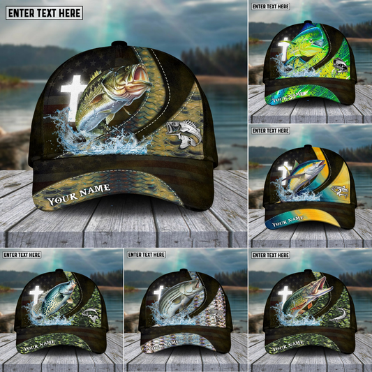 Maxcorners Fishing Cross Skinfish Flag Of United States Sport Pattern Personalized Name 3D Cap (11 Breeds)