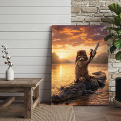 Maxcorners Raccoon Standing on Alligator with Chainsaw Golden Sunset Canvas Wall Art