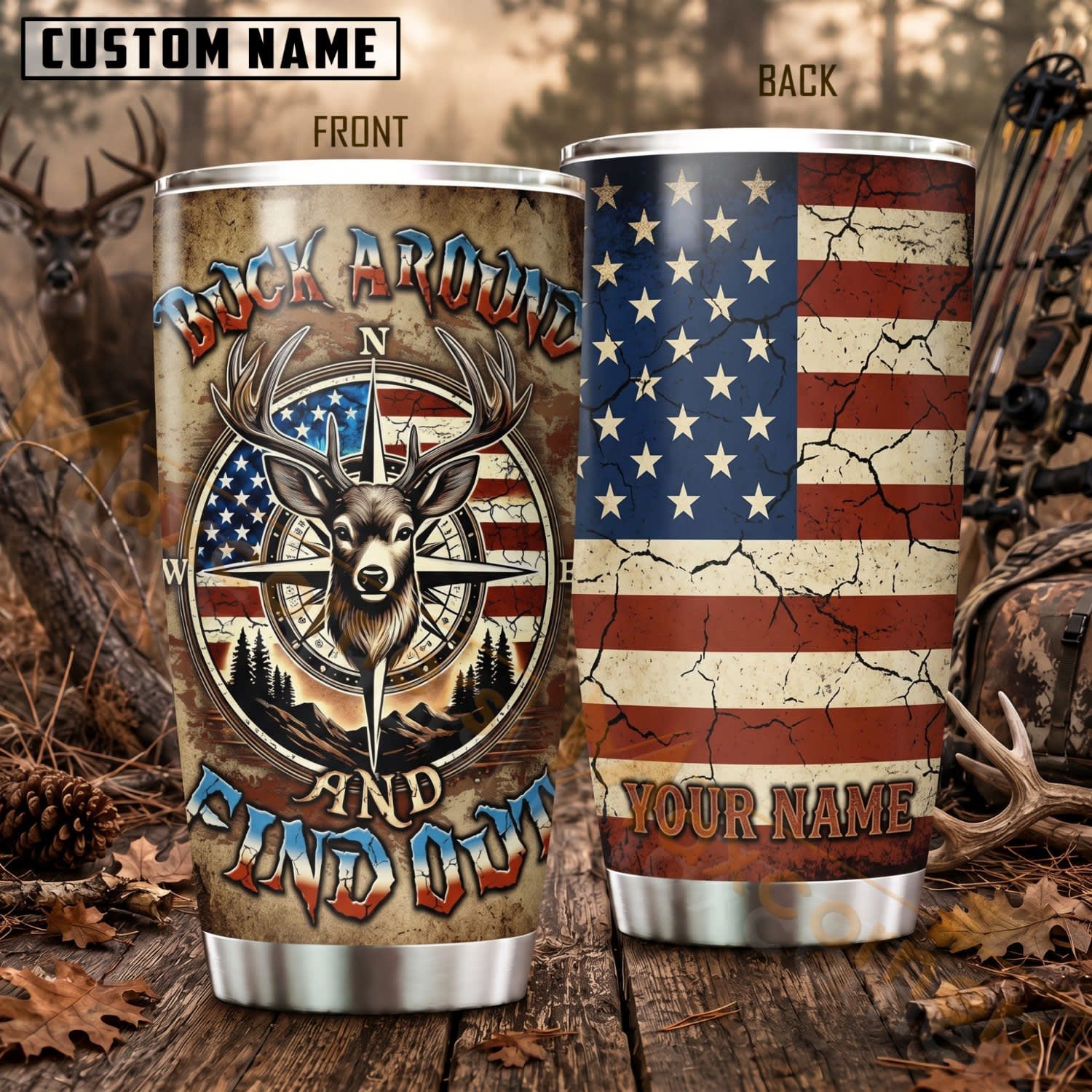 Maxcorners Hunting Deer Skull American Flag Patriotic Personalized Name 3D Tumbler